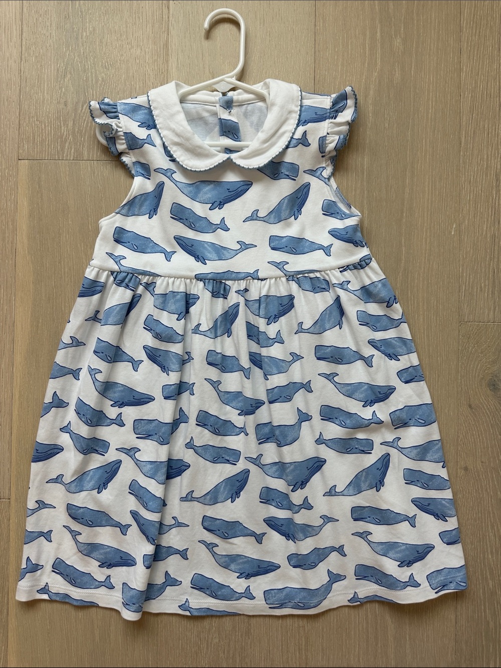 White Cotton Kids Dress with Blue Whale Print and Peter Pan Collar